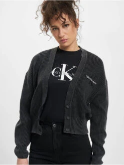 Calvin Klein Damen Strickjacke Washed Monologo In Schwarz