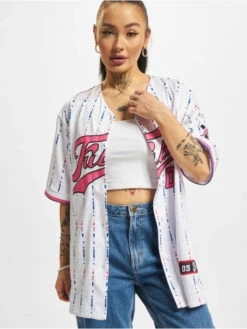 FUBU Damen Hemd Stripe Baseball Jersey In Weiß