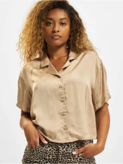URBAN CLASSICS Damen Hemd Ladies SS Viscose Satin Resort In Beige