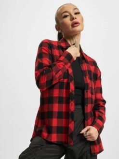 URBAN CLASSICS Damen Hemd Ladies Turnup Checked Flanell In Rot