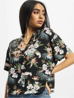 URBAN CLASSICS Damen Hemd Ladies Viscose Resort In Schwarz