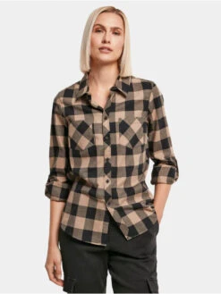 URBAN CLASSICS Damen Hemd Ladies Turnup Checked Flanell In Schwarz