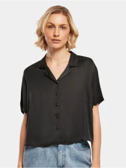 URBAN CLASSICS Damen Hemd Ladies SS Viscose Satin Resort In Schwarz