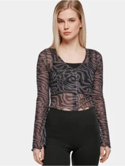 URBAN CLASSICS Damen Strickjacke Ladies Cropped Mesh In Grau