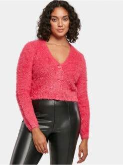 URBAN CLASSICS Damen Strickjacke Ladies Cropped Feather In Pink