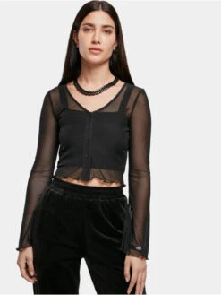 URBAN CLASSICS Damen Strickjacke Ladies Cropped Mesh In Schwarz