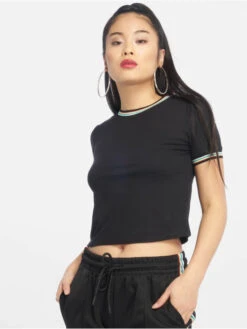URBAN CLASSICS Damen T-Shirt Short Multicolor Rib In Schwarz