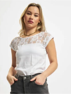 URBAN CLASSICS Damen T-Shirt Ladies Top Laces In Weiß