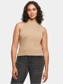 URBAN CLASSICS Damen Tank Tops Ladies Short Rib Knit Turtleneck In Beige