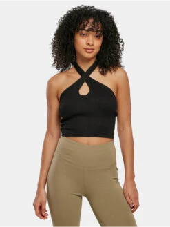 URBAN CLASSICS Damen Tank Tops Ladies Rib Knit Crossed Neckholder In Schwarz